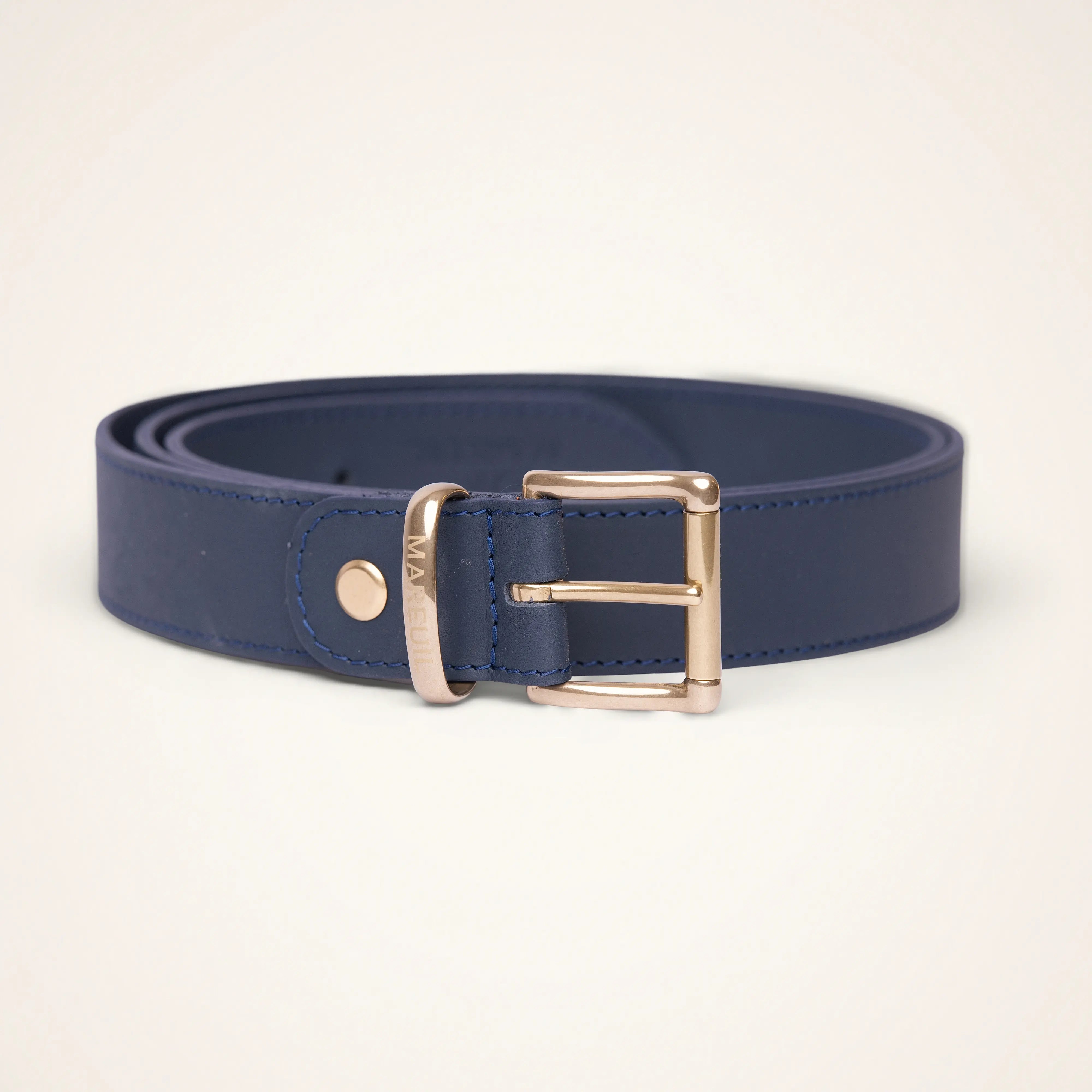 Adjustable leather belt with brass buckle