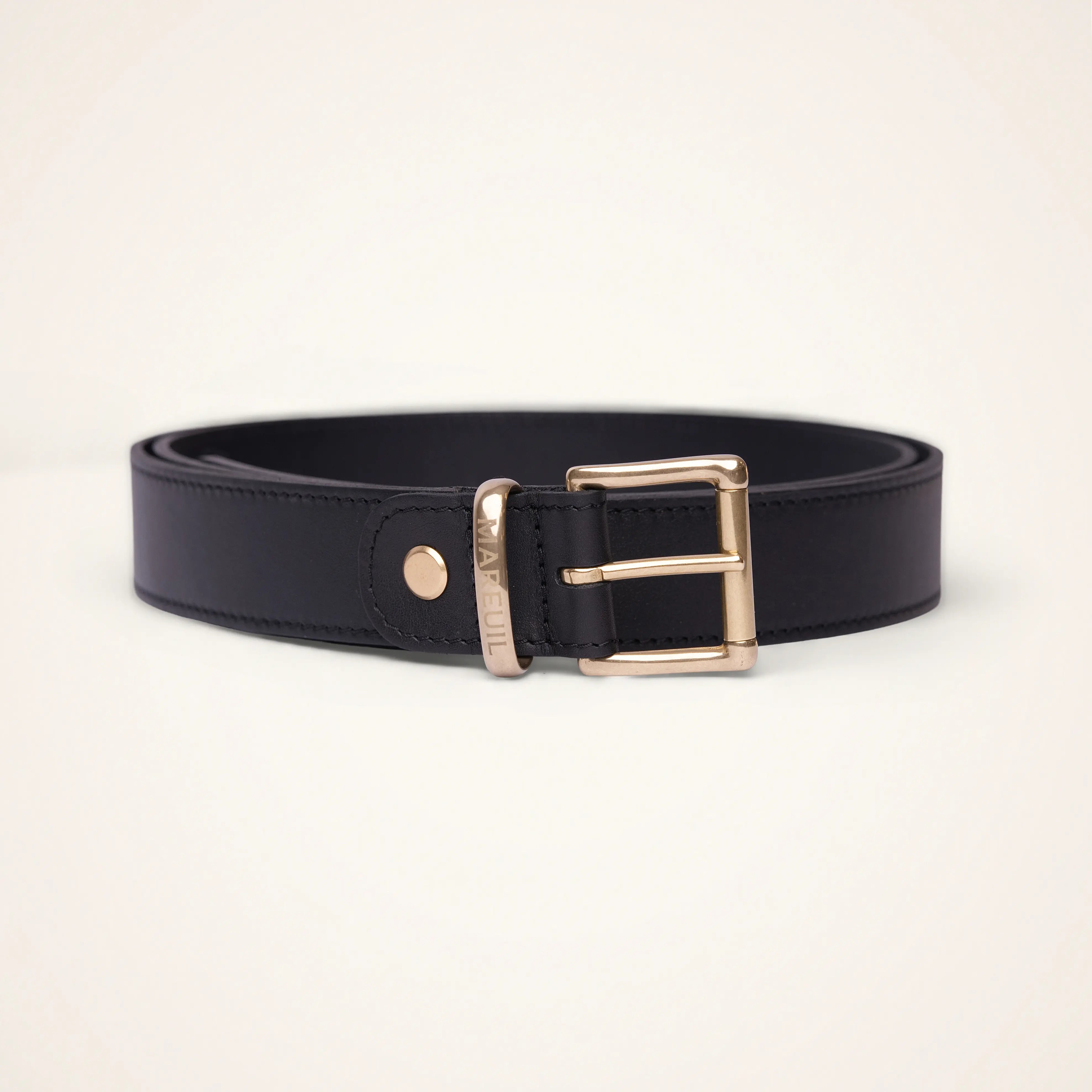 Adjustable leather belt with brass buckle